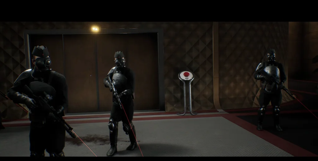 Armored soldiers aim rifles in futuristic hallway