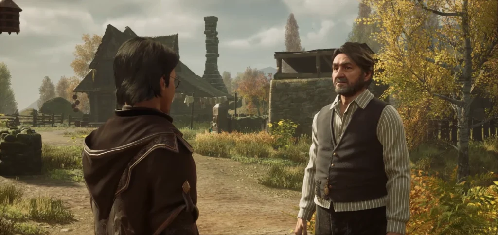 Two men talking in rural village outdoors