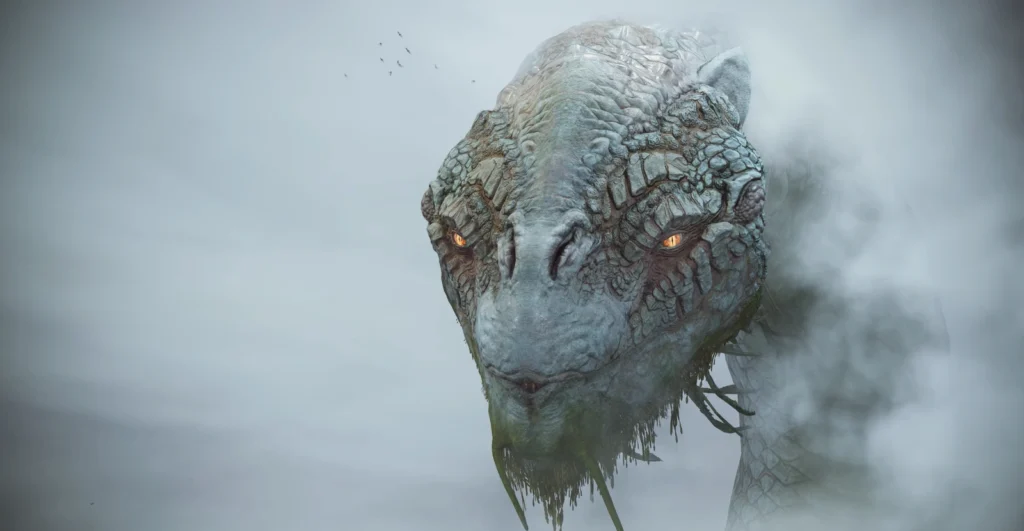 Gray dragon stares through foggy sky