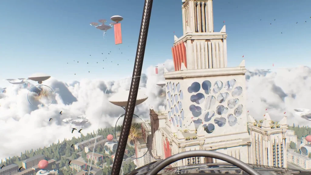 Flying past white tower above clouds