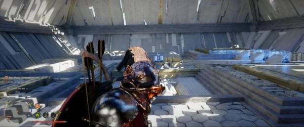 Armored archer stands in futuristic arena ruins