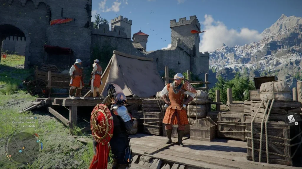 Armored player talks to guard at castle camp