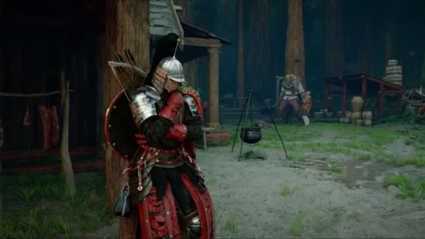 Armored warrior leans on post in village camp