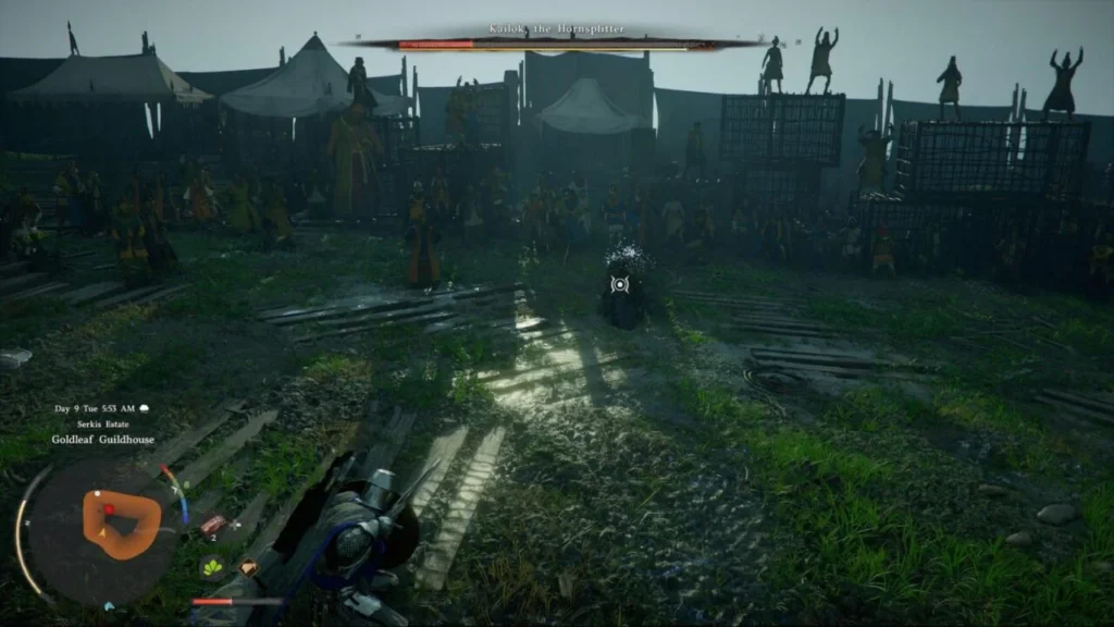 Player character fights Kalok the Hornsplitter in camp