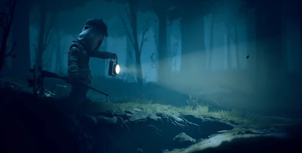 Little Nightmares II Mono holding flashlight in forest