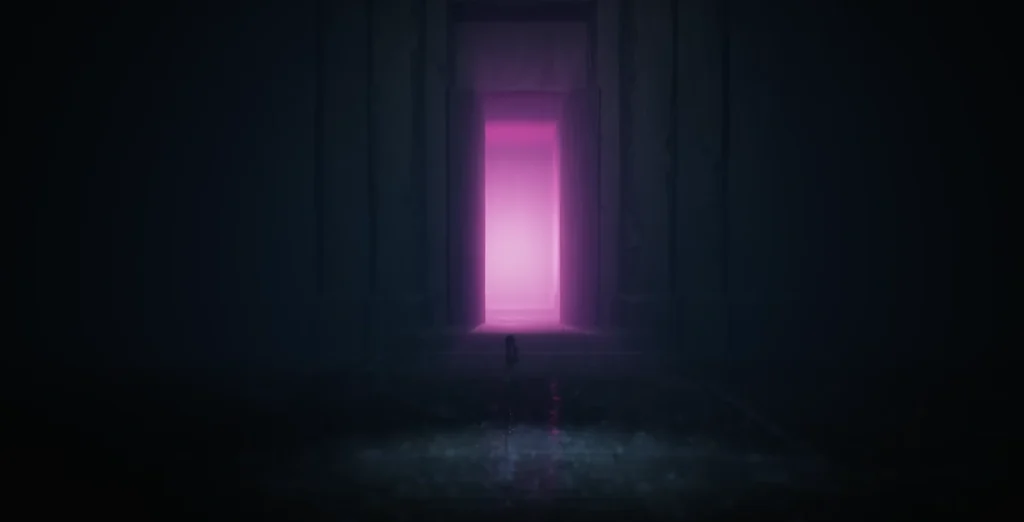 Silhouette walking toward pink glowing doorway in dark hall