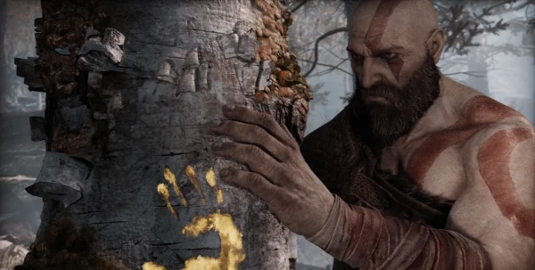 Kratos from God of War touching tree in forest