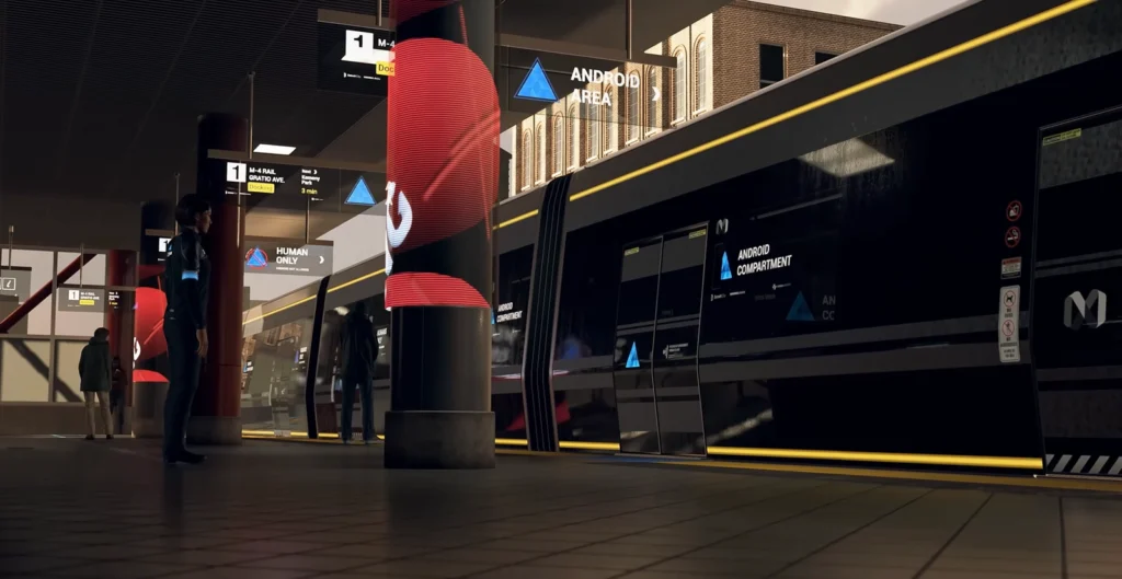 Android waits beside train at Detroit: Become Human station