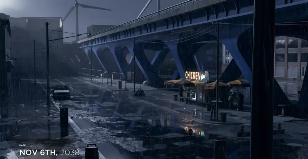 Rain falls on street food stand under overpass