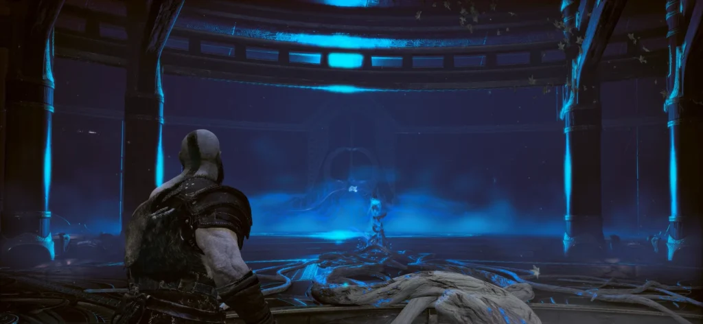 Kratos faces blue portal inside temple in God of War
