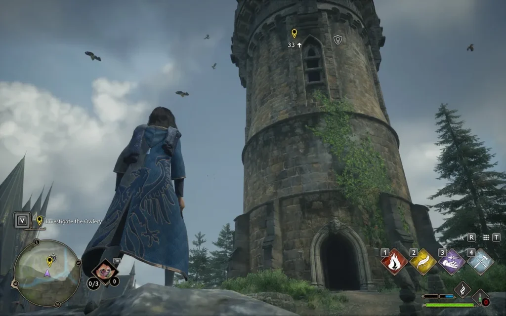 Hogwarts Legacy player character facing stone tower outside Hogwarts