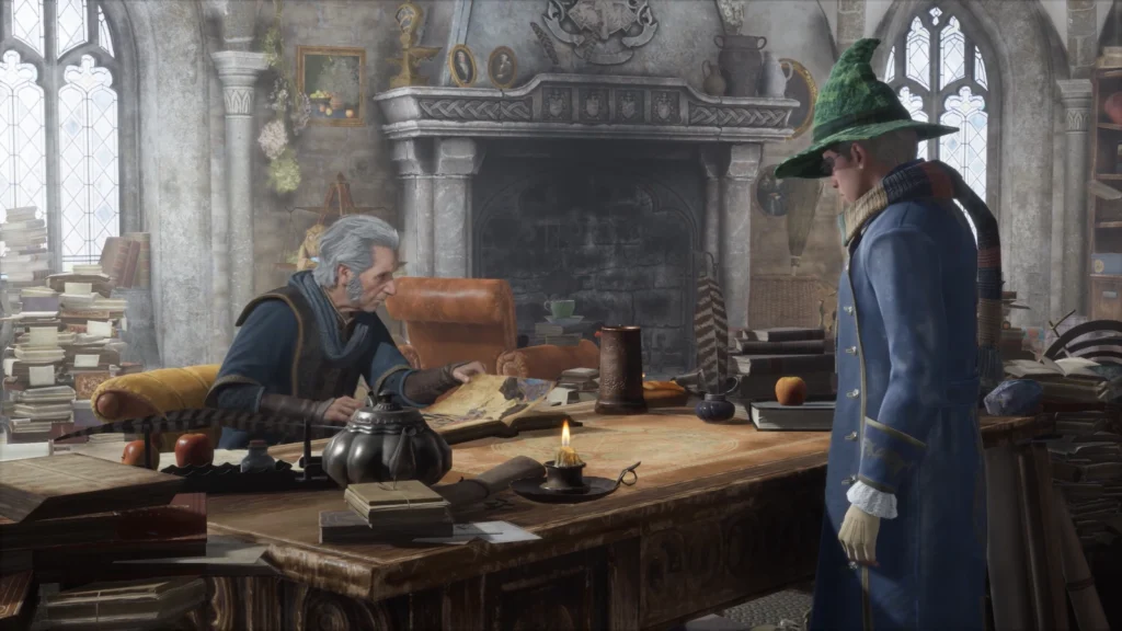 Hogwarts Legacy professor reads map as student watches in office