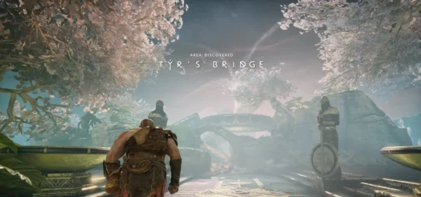 Kratos walks toward Tyr's Bridge in God of War