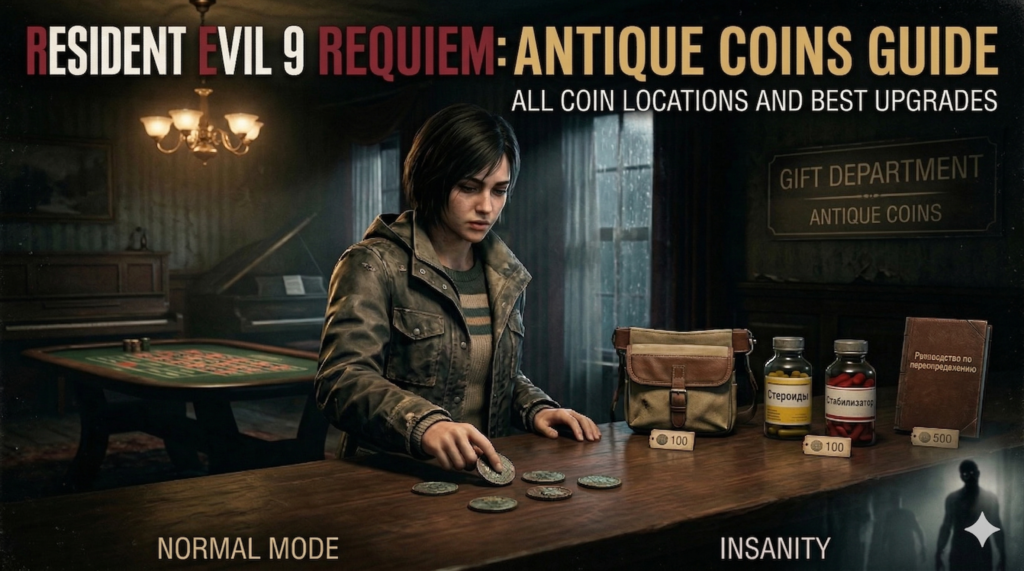 Resident Evil Requiem woman sorting coins indoors