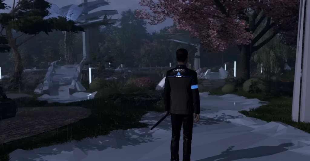 Connor walks through garden in Detroit: Become Human