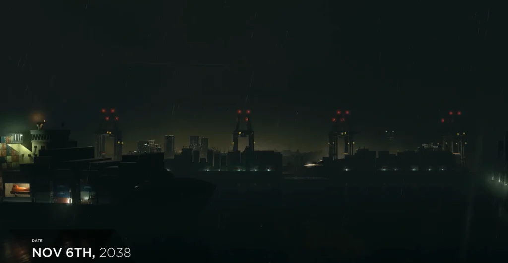 Rain falls over cargo port cranes at night