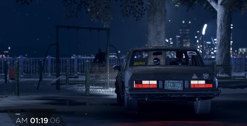 Car parked by playground at night city skyline