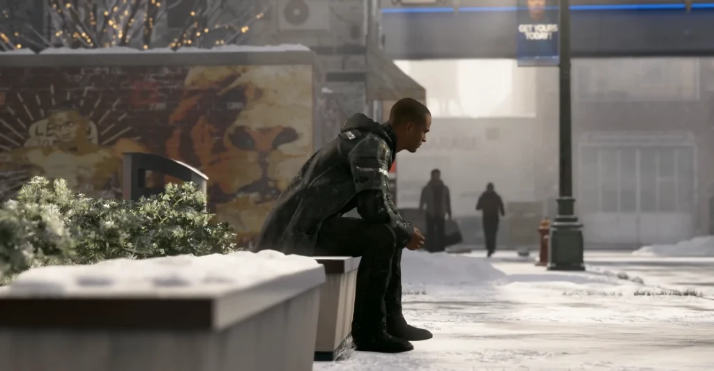 Markus from Detroit: Become Human sitting on snowy bench