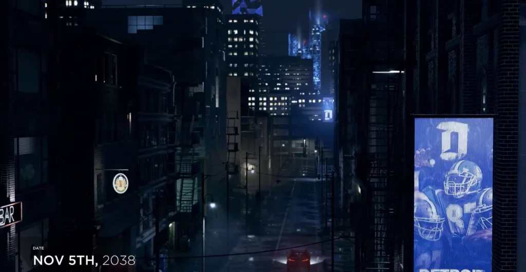 Car drives down rainy city street at night