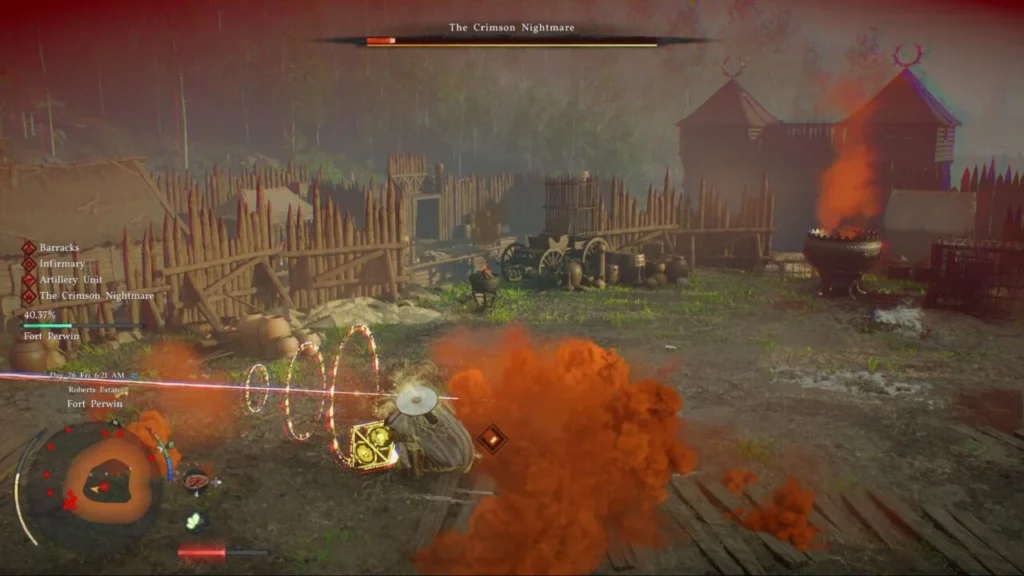 Player character fights The Crimson Nightmare in fort courtyard