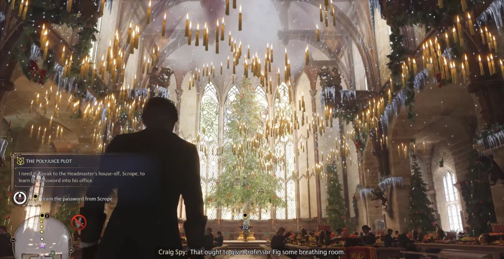 Hogwarts Legacy player walks in Great Hall Christmas feast