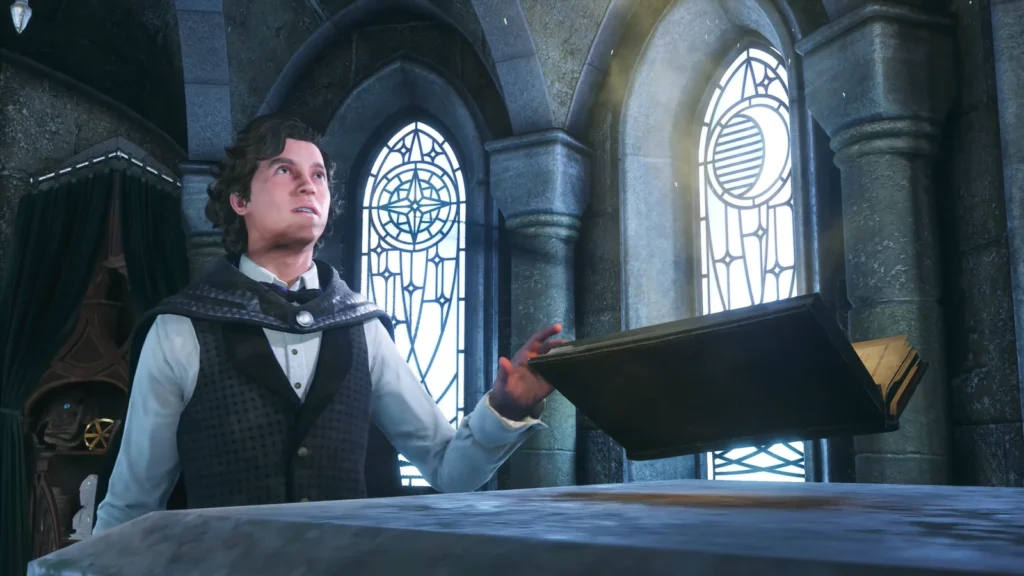 Hogwarts Legacy student levitates book inside stone classroom