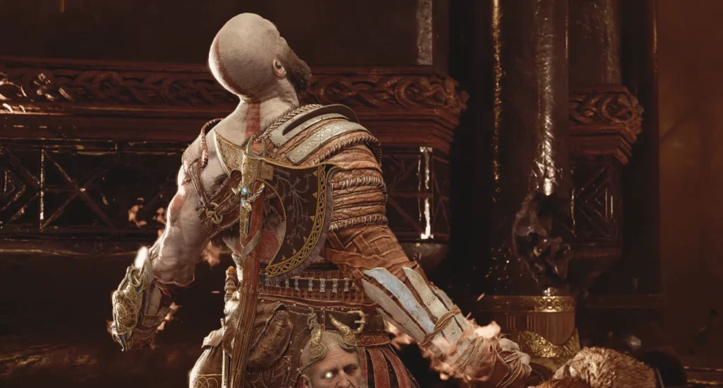 Kratos from God of War fights in temple hall