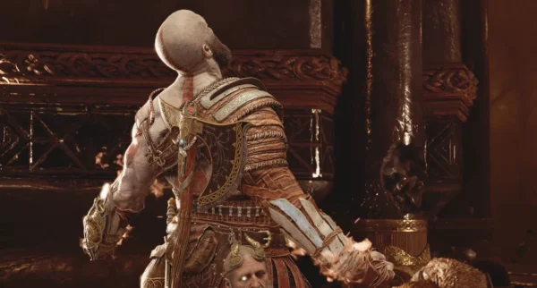 Kratos from God of War fights in temple hall