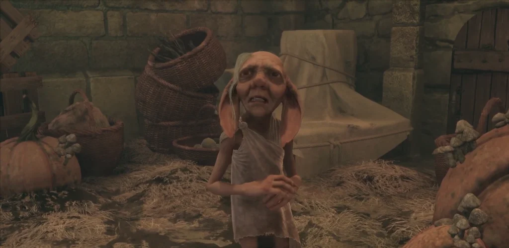 Dobby stands in stone room with baskets and pumpkins