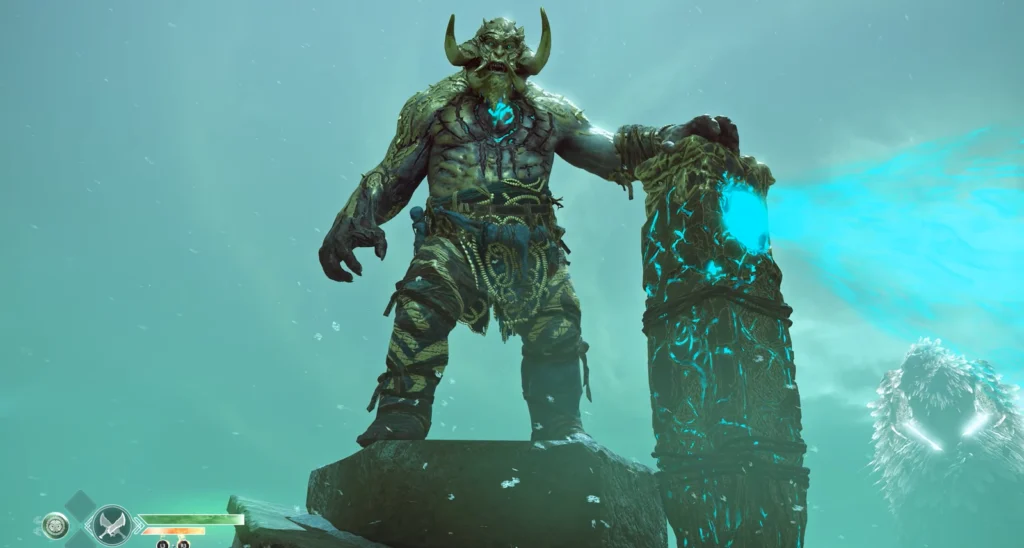 Horned giant stands on rock beside glowing blue pillar