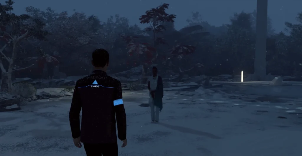 Connor RK800 walks in snowy park, Detroit: Become Human