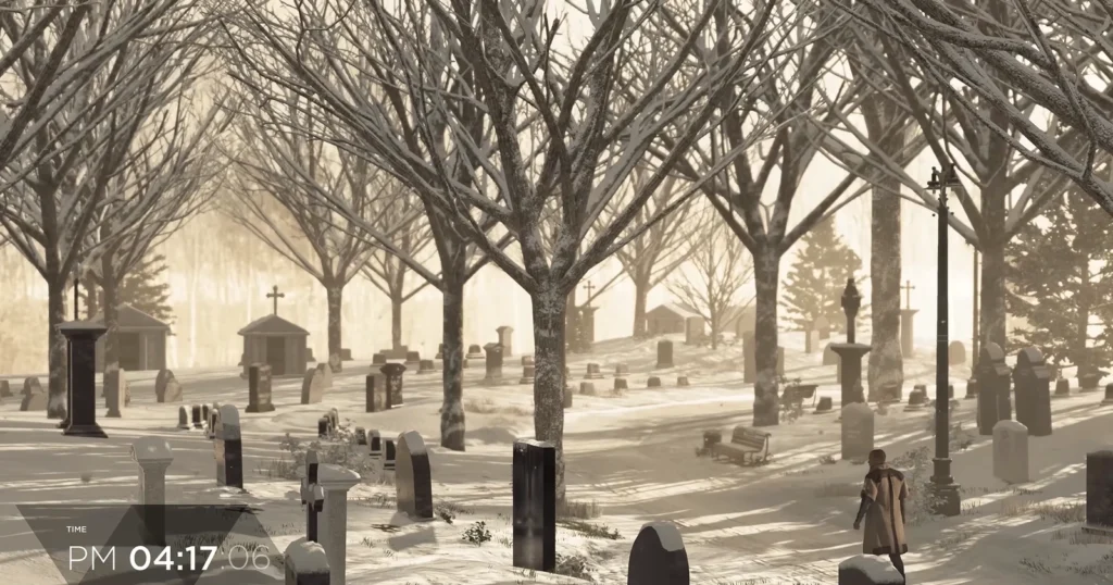Person walking through snowy cemetery with bare trees