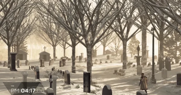 Person walking through snowy cemetery with bare trees