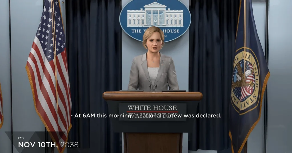 Woman speaking at White House podium with US flags