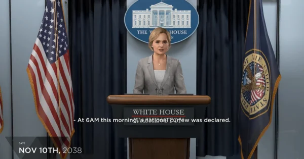 Woman speaking at White House podium with US flags