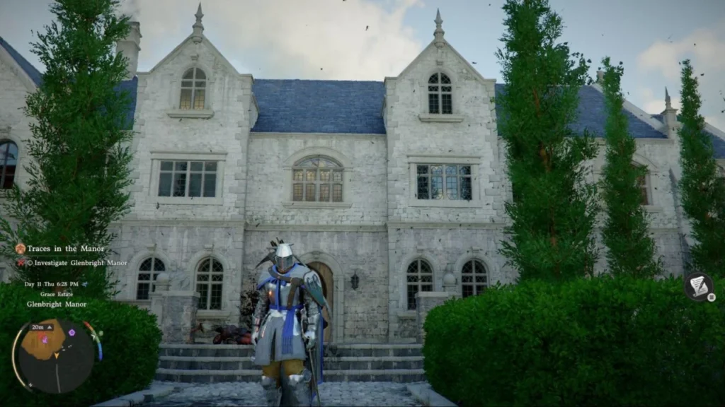Armored character stands outside Glenbright Manor mansion entrance
