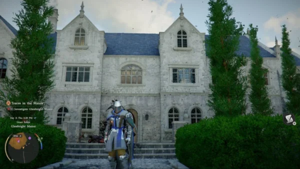 Armored character stands outside Glenbright Manor mansion entrance