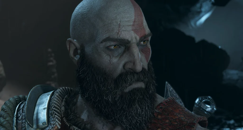 Kratos from God of War looking sideways indoors