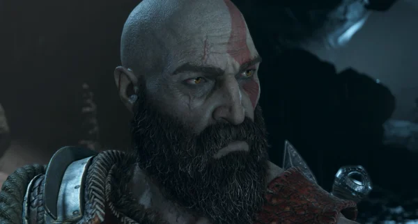 Kratos from God of War looking sideways indoors