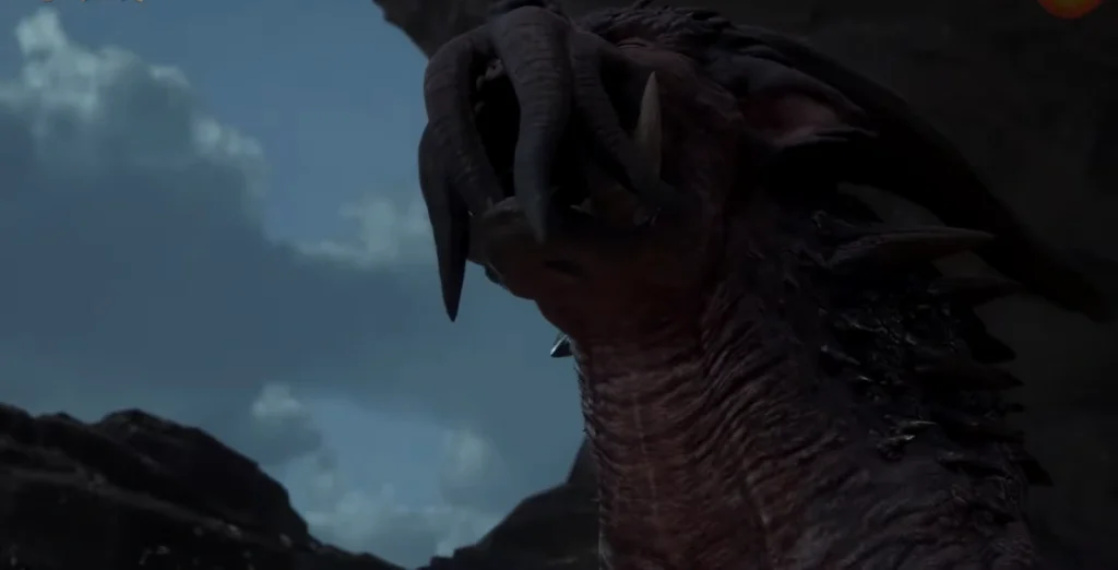 Horned dragon looking down under cloudy sky