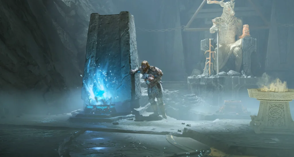 Dwarf opens blue chest in stone cavern temple