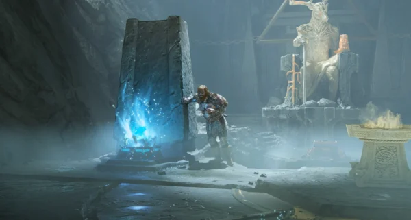 Dwarf opens blue chest in stone cavern temple