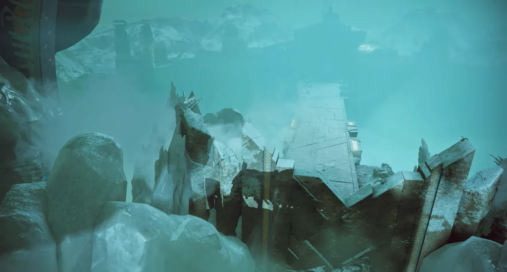 Broken stone bridge spans foggy icy canyon