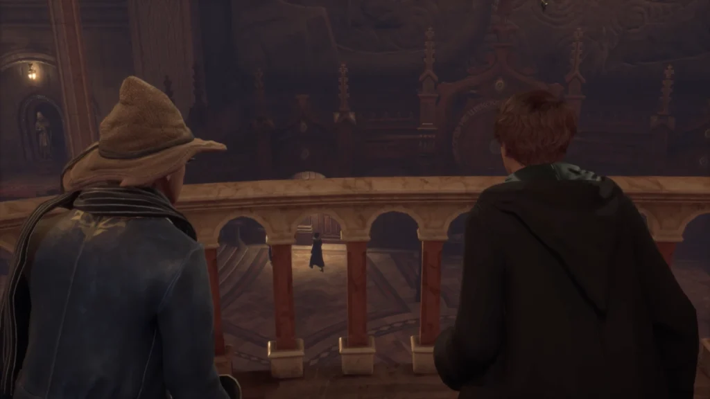 Two Hogwarts Legacy students look over castle balcony railing
