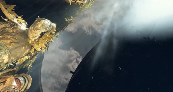 Gold armored figure looks up at bright sky