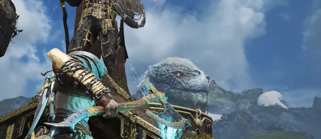 Kratos holds Leviathan Axe as Jormungandr looms behind
