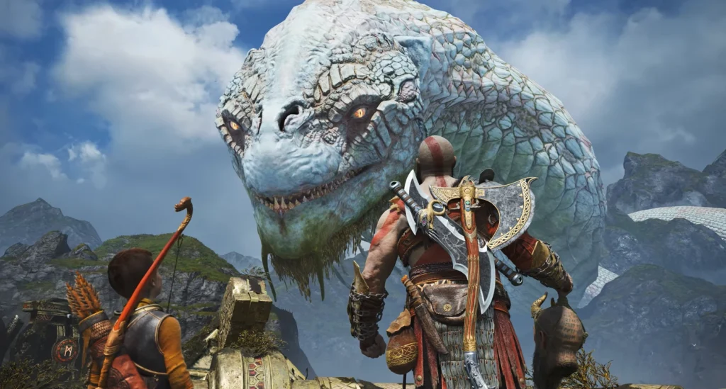 Kratos faces Jormungandr in God of War landscape