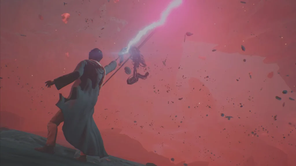 Wizard casts lightning spell in pink sky battlefield