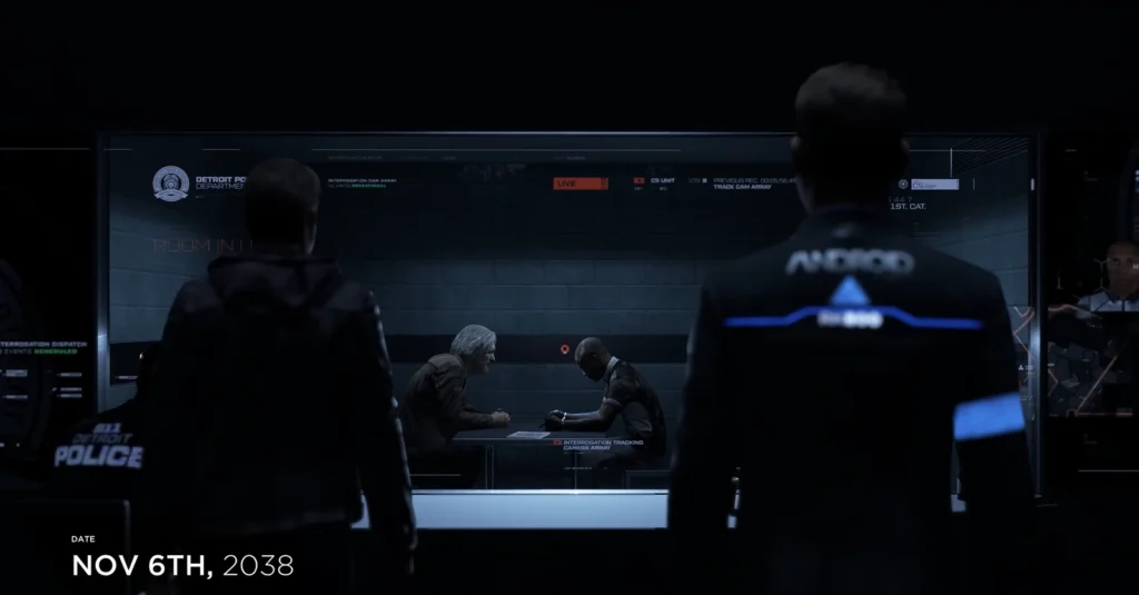 Connor from Detroit: Become Human watches interrogation room feed