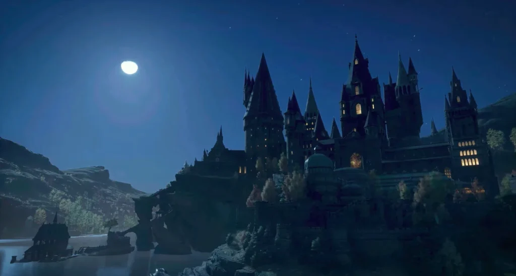 Hogwarts Castle from Harry Potter glowing at night
